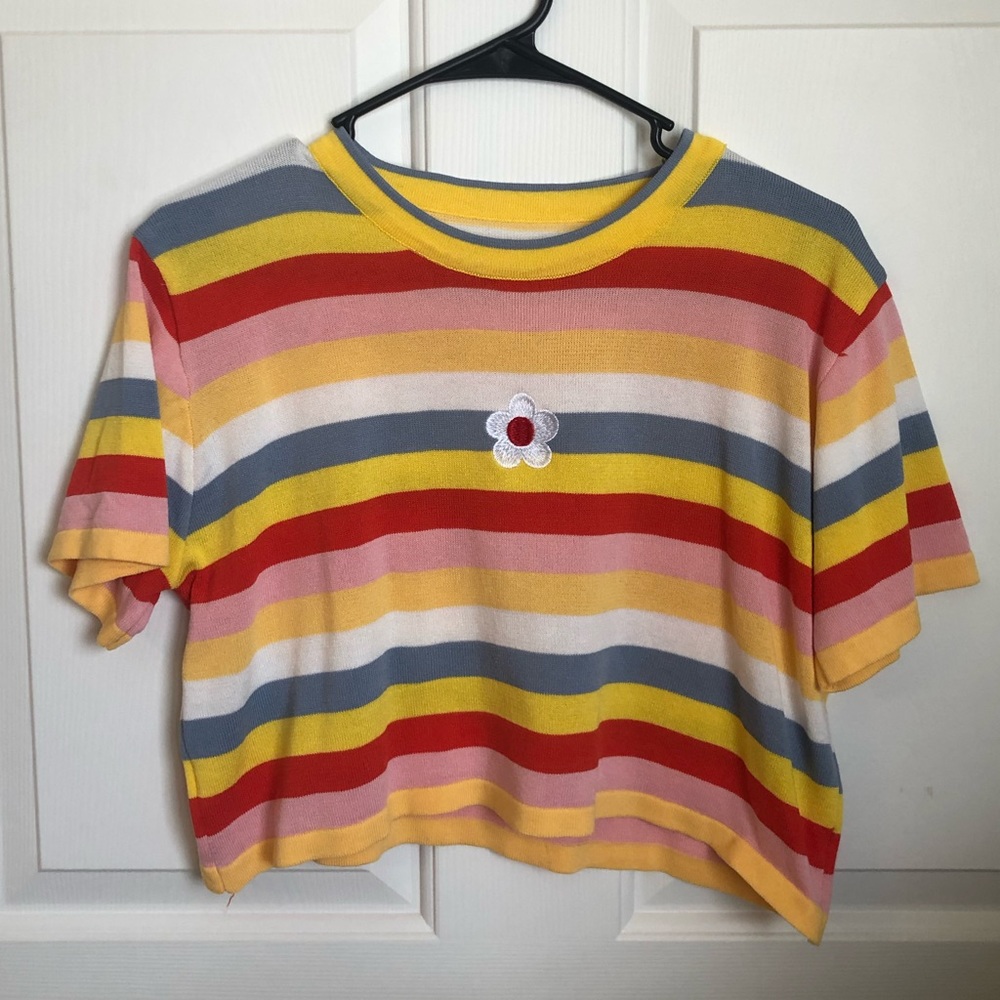 Colorful Flower Embroidered Short Sleeve Cropped Crew Neck Tee